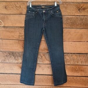 Beija Flor of Brazil Dark Blue Denim Jeans with Gold Embroidery Sz 10